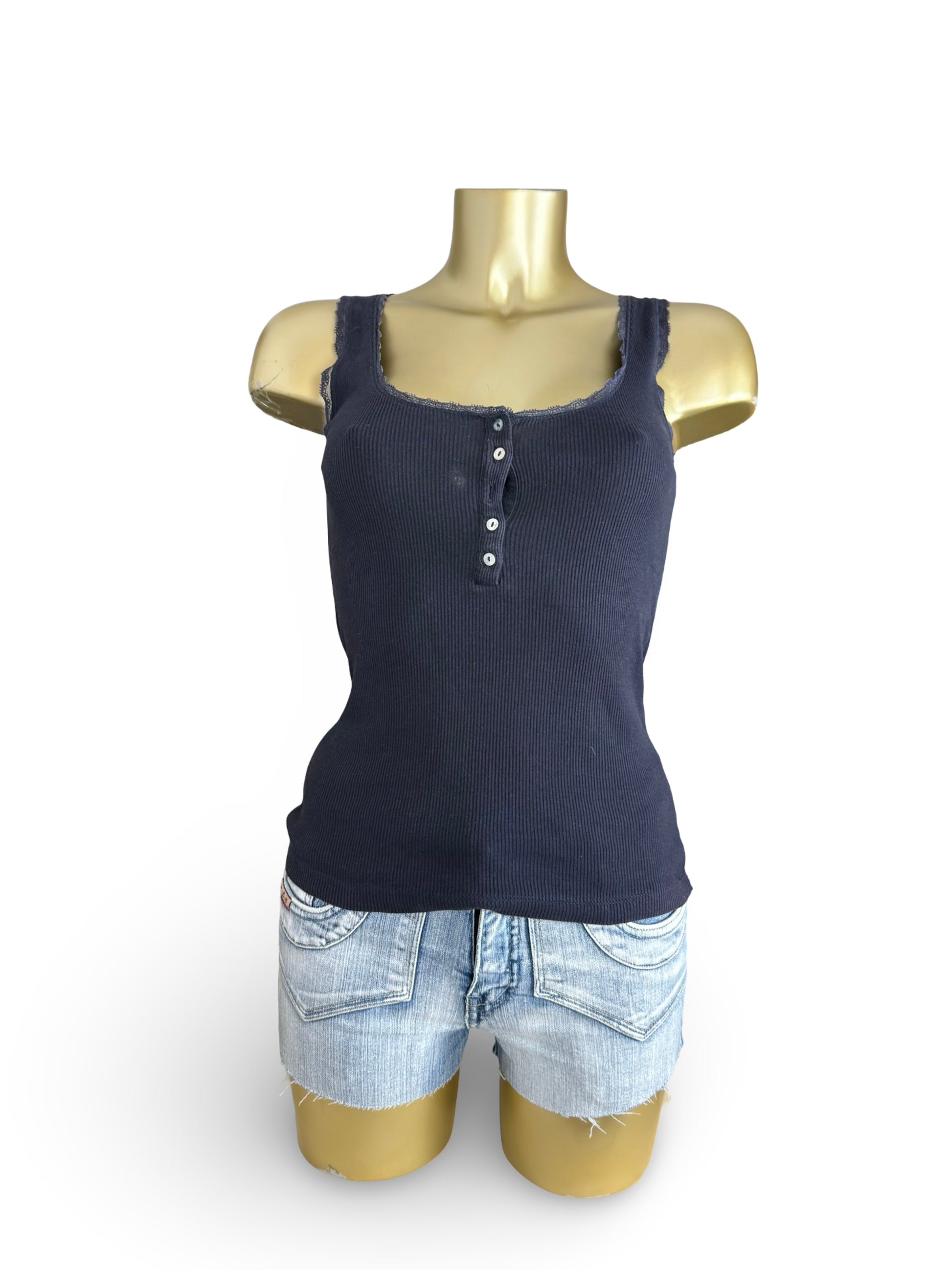 Navy ribbed tight fit cotton top (S)