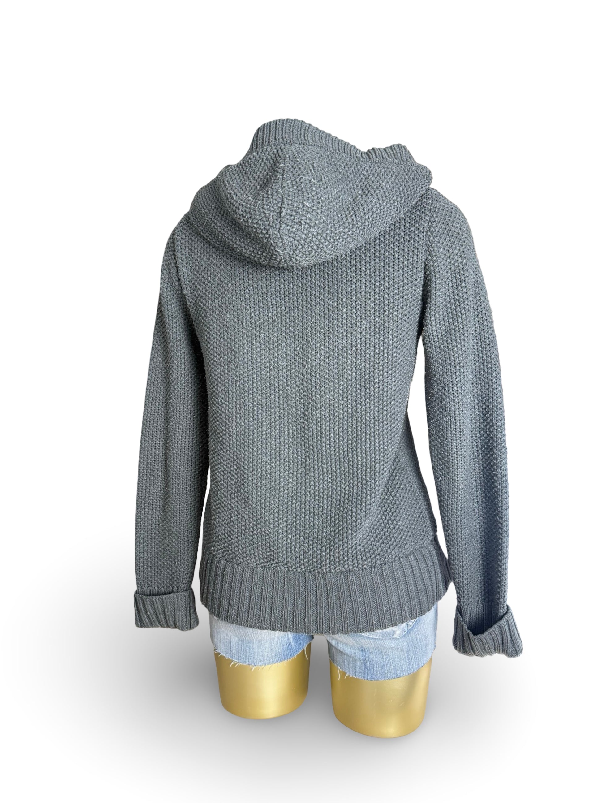 Grey inside faux fur zip up hooded knit jumper (M)