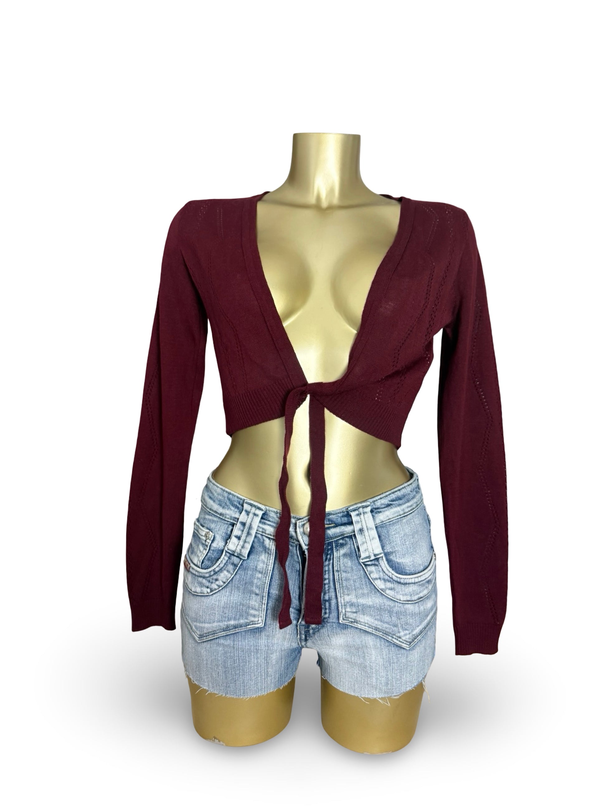 Burgundy red tie up cardigan jumper (S/M)