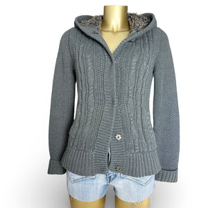 Grey inside faux fur zip up hooded knit jumper (M)