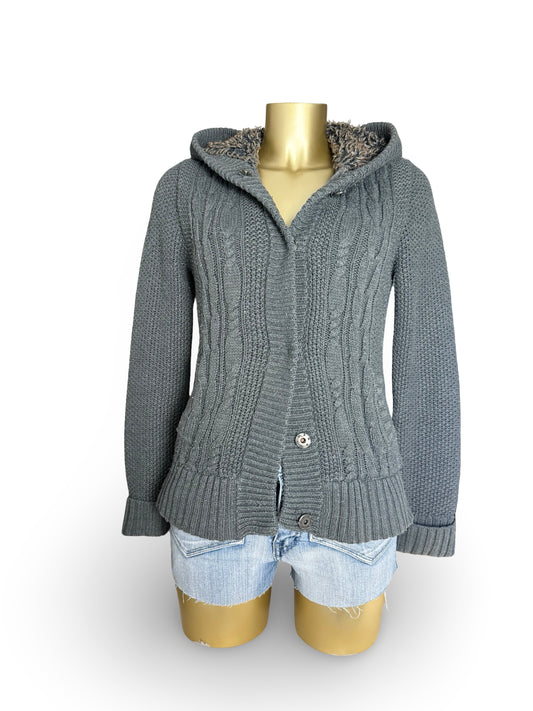 Grey inside faux fur zip up hooded knit jumper (M)