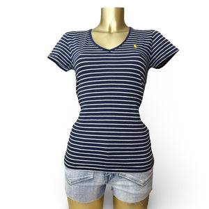 Navy striped cotton V neck tight fit tee (S)