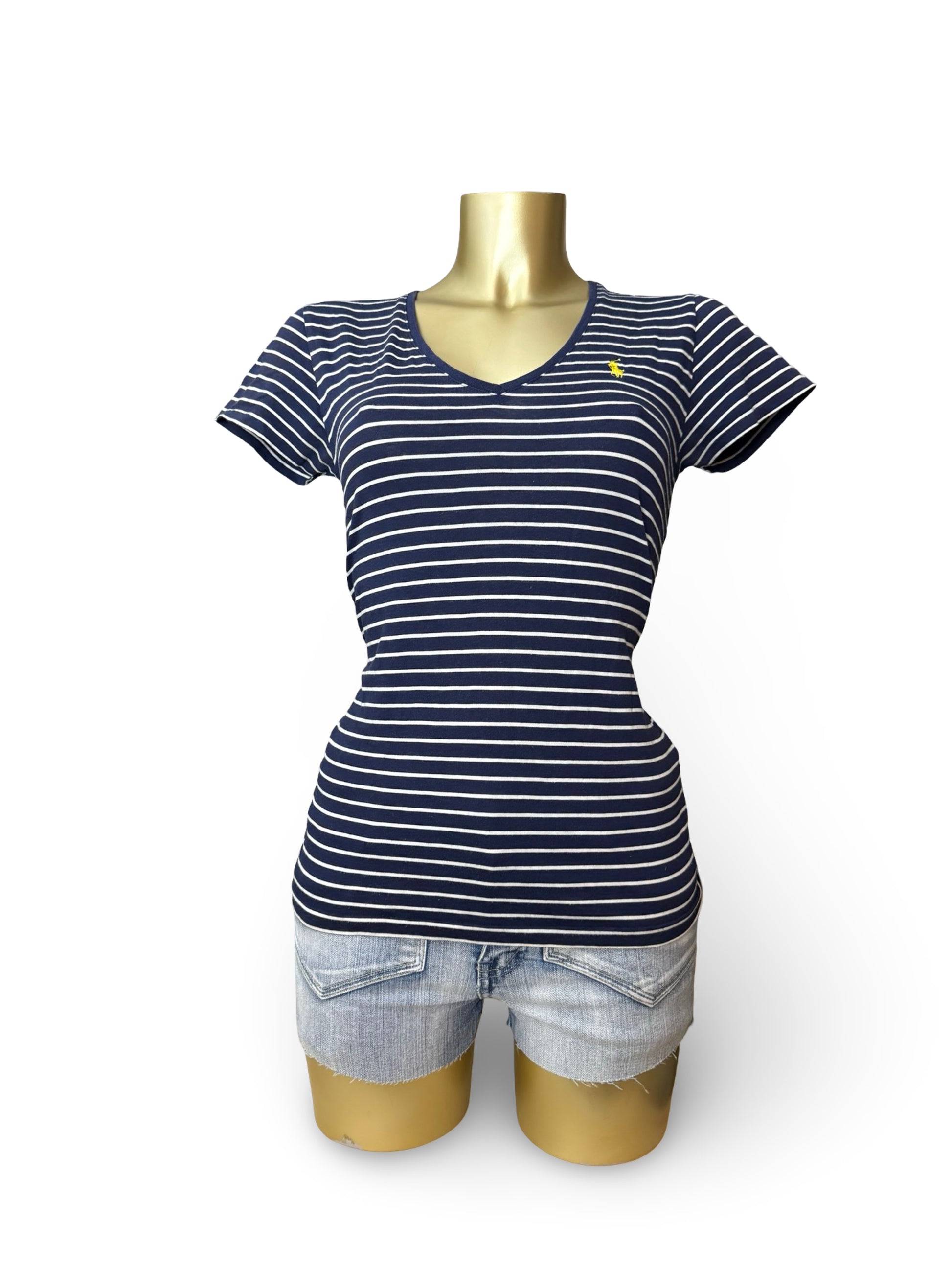 Navy striped cotton V neck tight fit tee (S)
