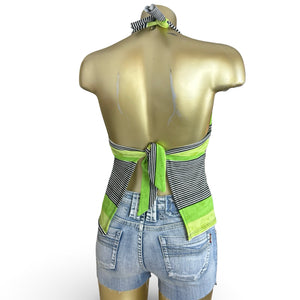 Lycra green striped backless buckle halter top (S)