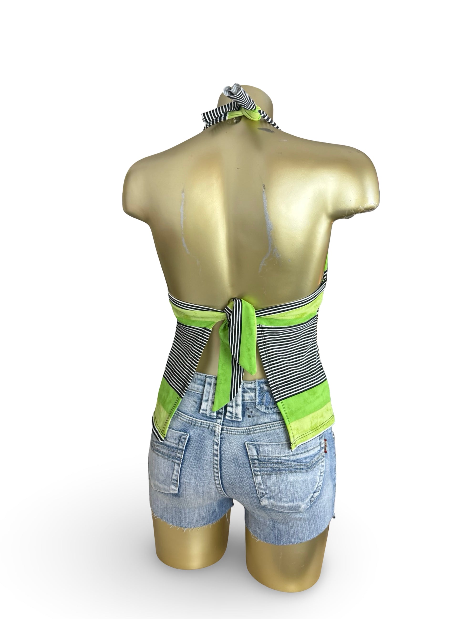Lycra green striped backless buckle halter top (S)
