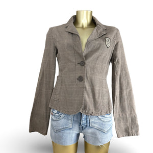 Brown check print tight fit blazer jacket (L)