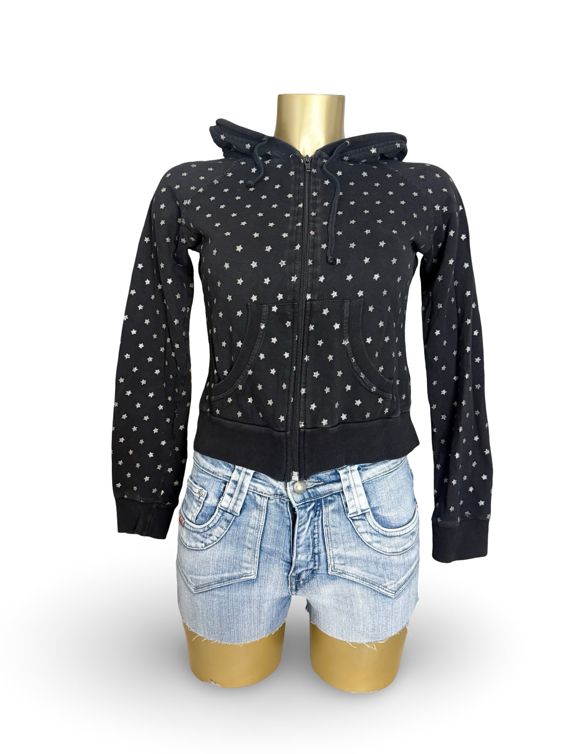 Black zip up 100% cotton stars print hoodie (S/M)