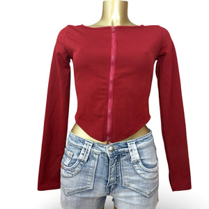 Red zip up tight fit long sleeves top (S)