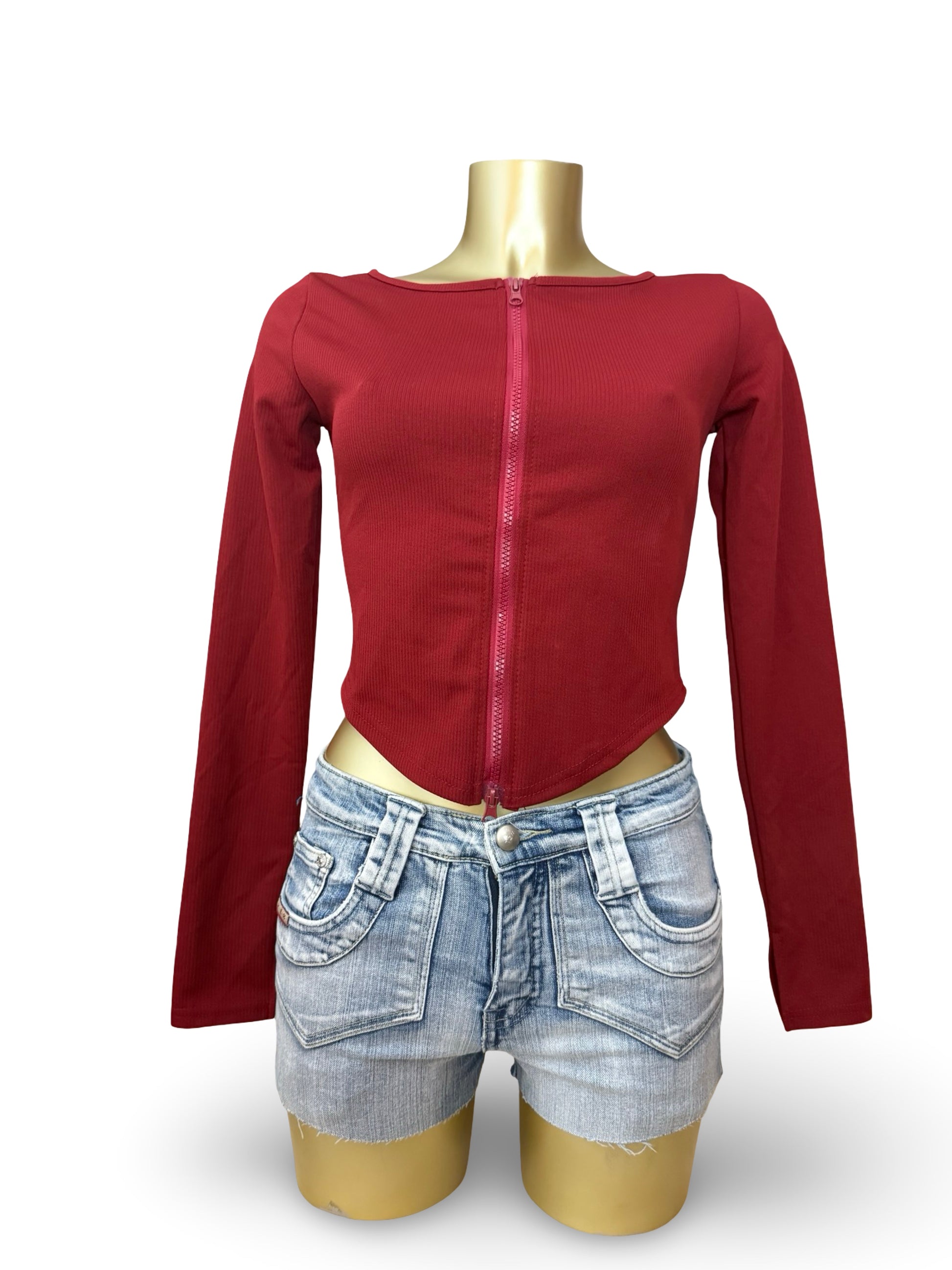 Red zip up tight fit long sleeves top (S)