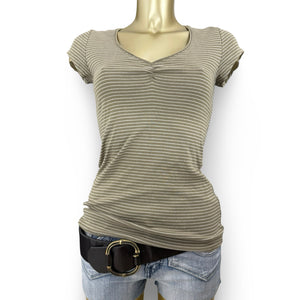 Khaki striped V neck cotton tight fit tee (M)