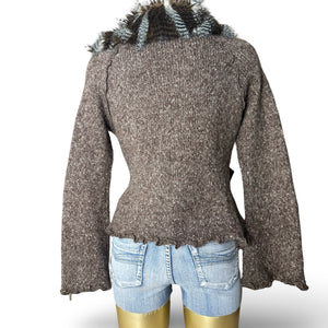 Brown faux fur neck zip up knitted  jacket (M/L)