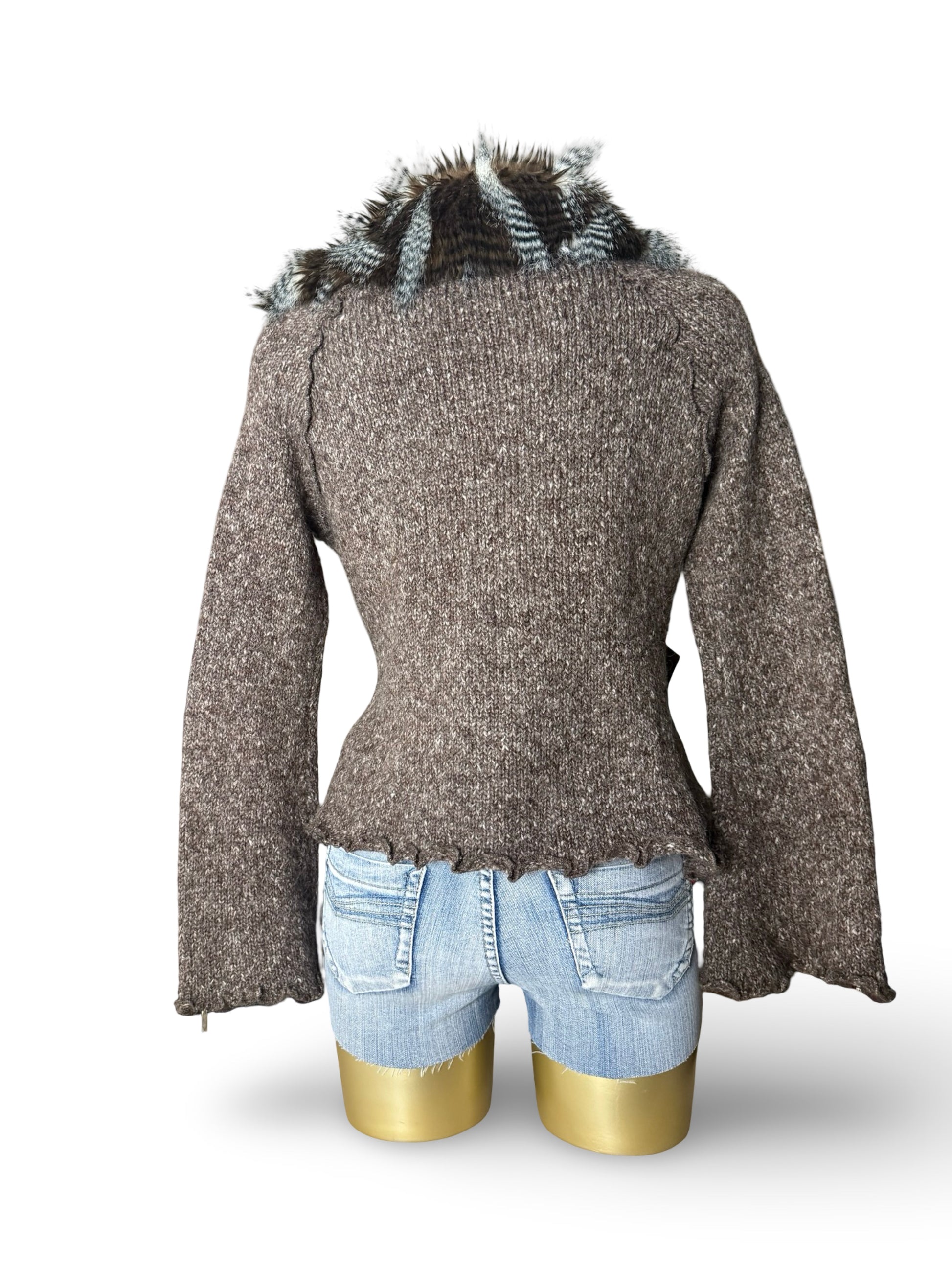 Brown faux fur neck zip up knitted  jacket (M/L)