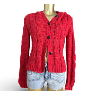 Red hooded cardigan jumper (L)