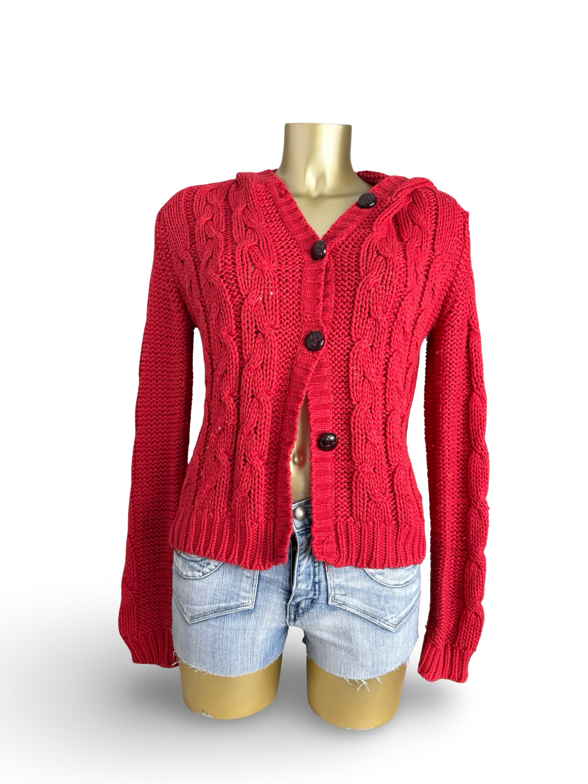 Red hooded cardigan jumper (L)