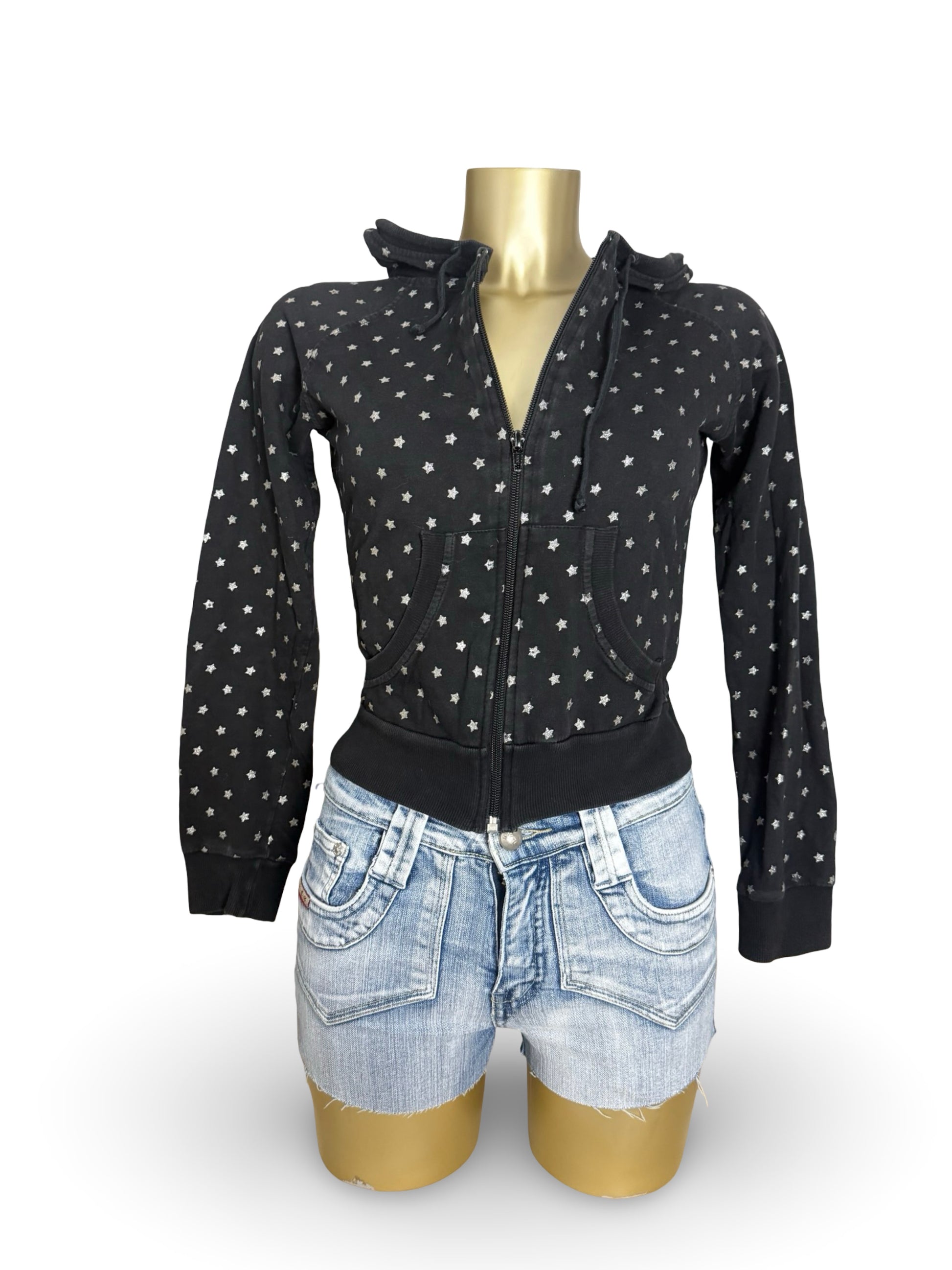 Black zip up 100% cotton stars print hoodie (S/M)