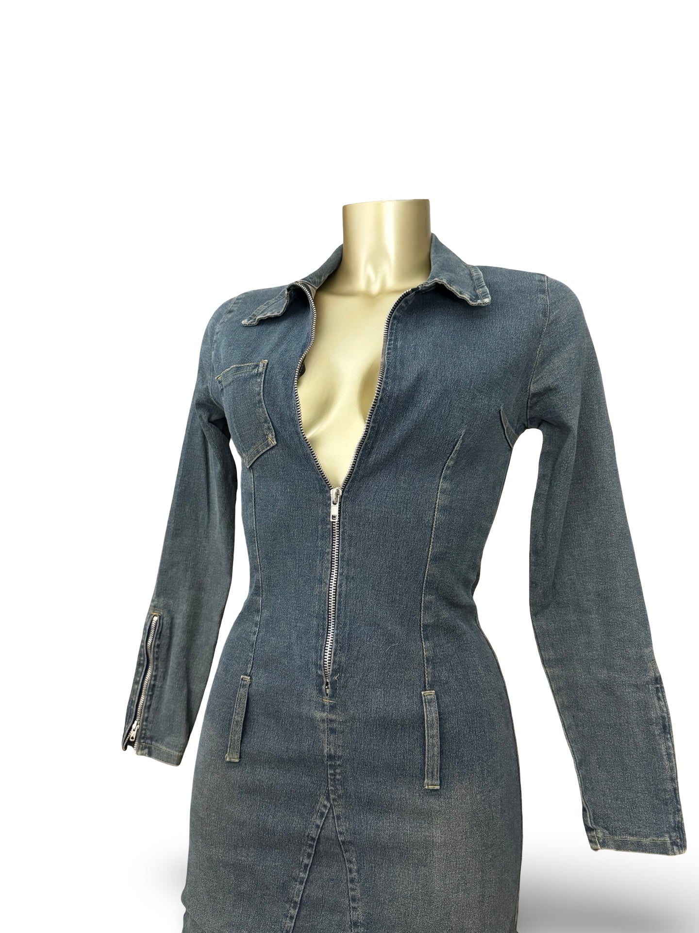 Blue denim tight fit long sleeves dress (S)