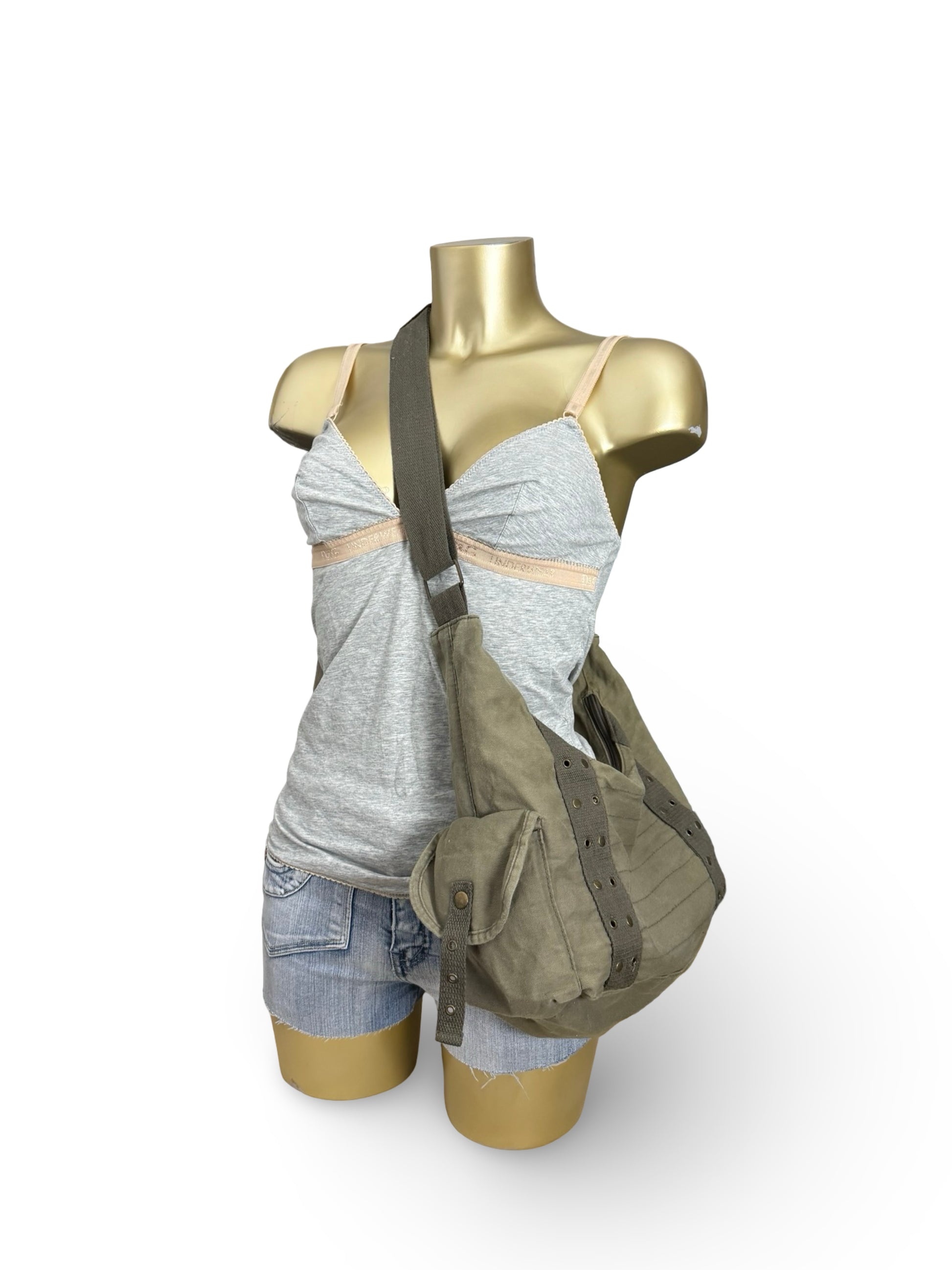 Khaki besace cotton shoulder bag (38x17cm)