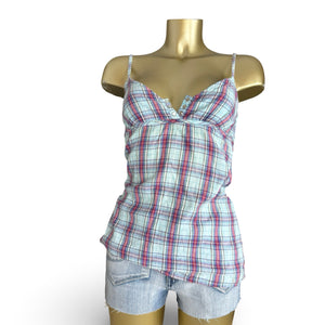 Baby blue check print coton cami top (XS)