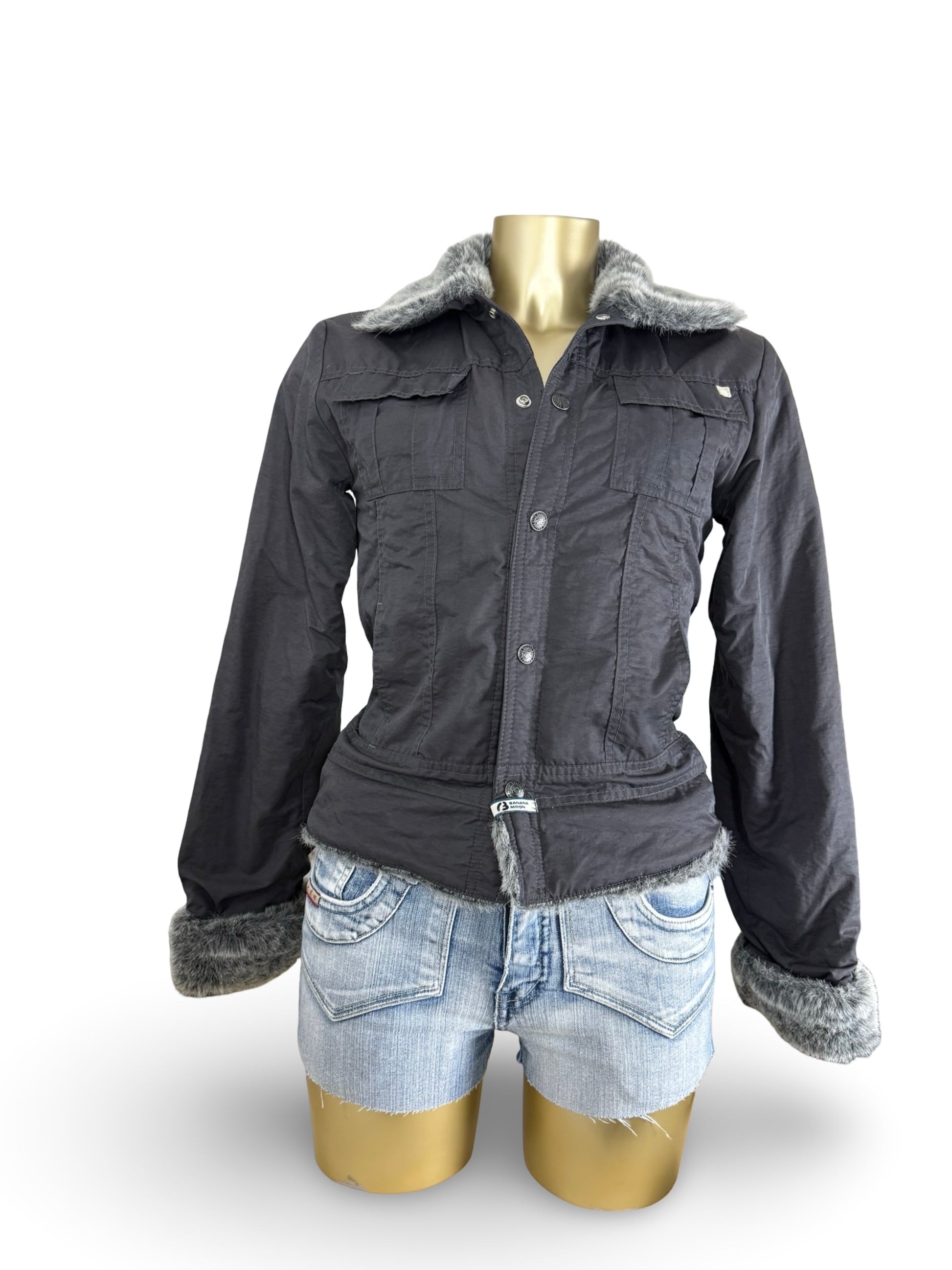 Black faux fur neck zip up tight fit biker jacket (S)