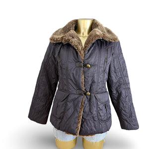 Purple faux fur neck trench puffer jacket (L)