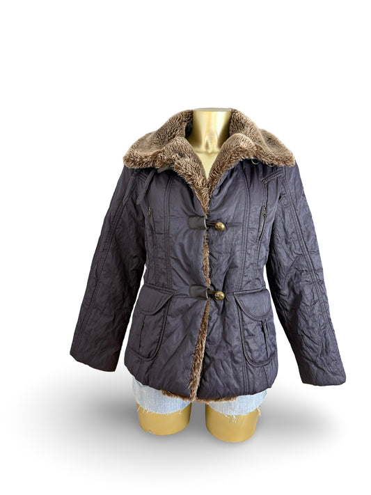 Purple faux fur neck trench puffer jacket (L)