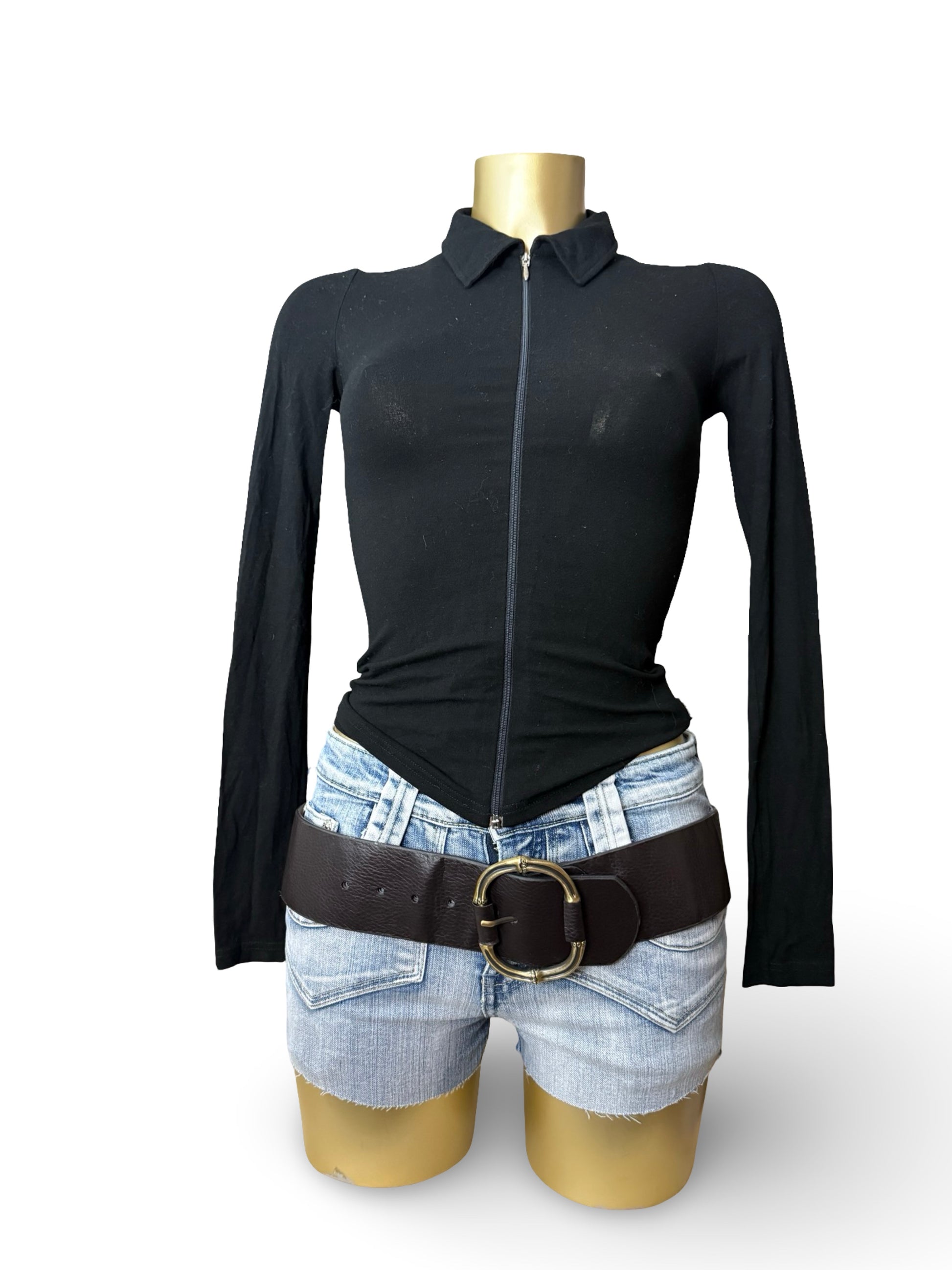 Black zip up tight fit long sleeves top (S)