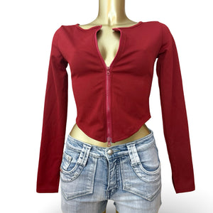 Red zip up tight fit long sleeves top (S)