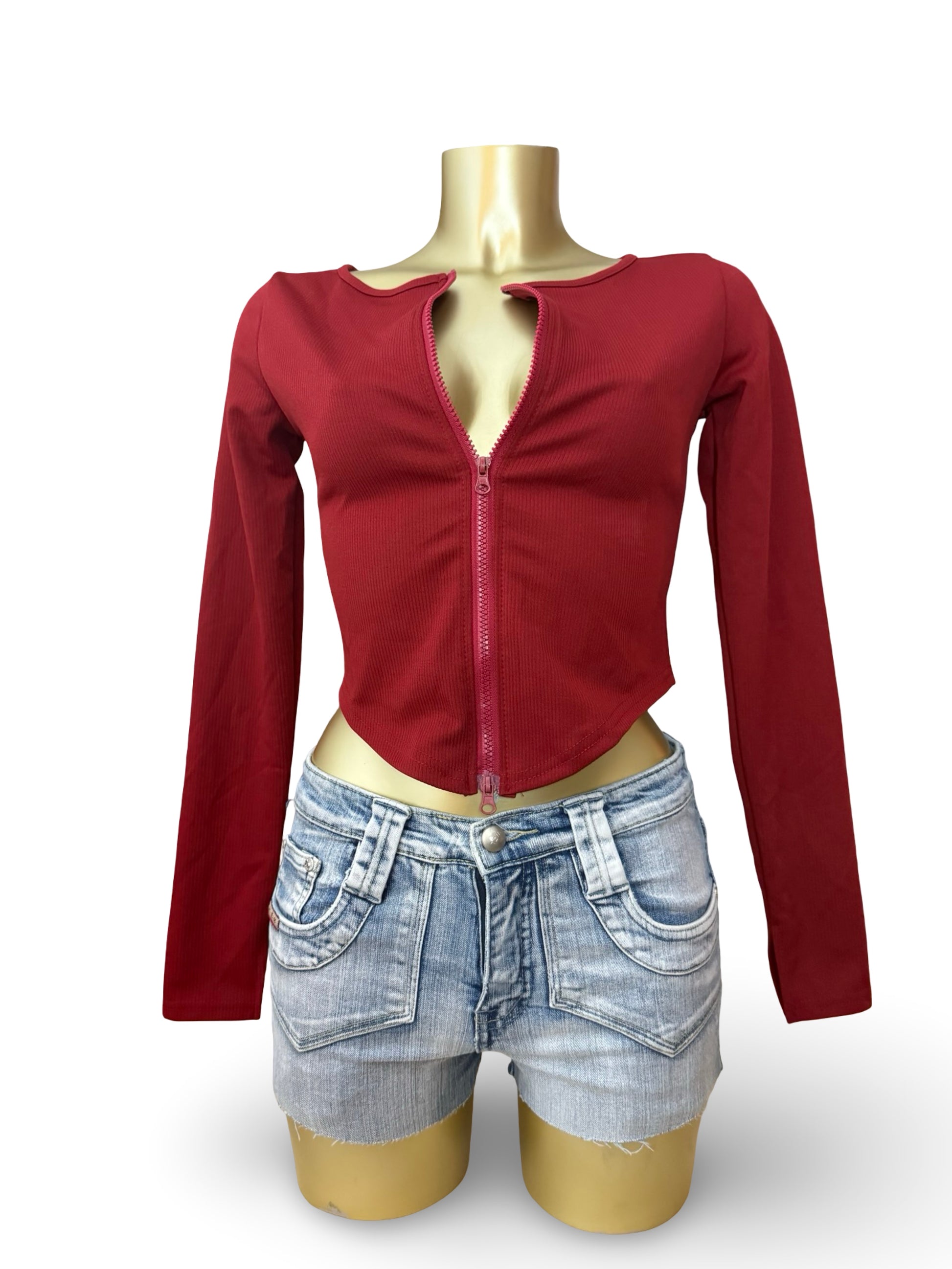 Red zip up tight fit long sleeves top (S)