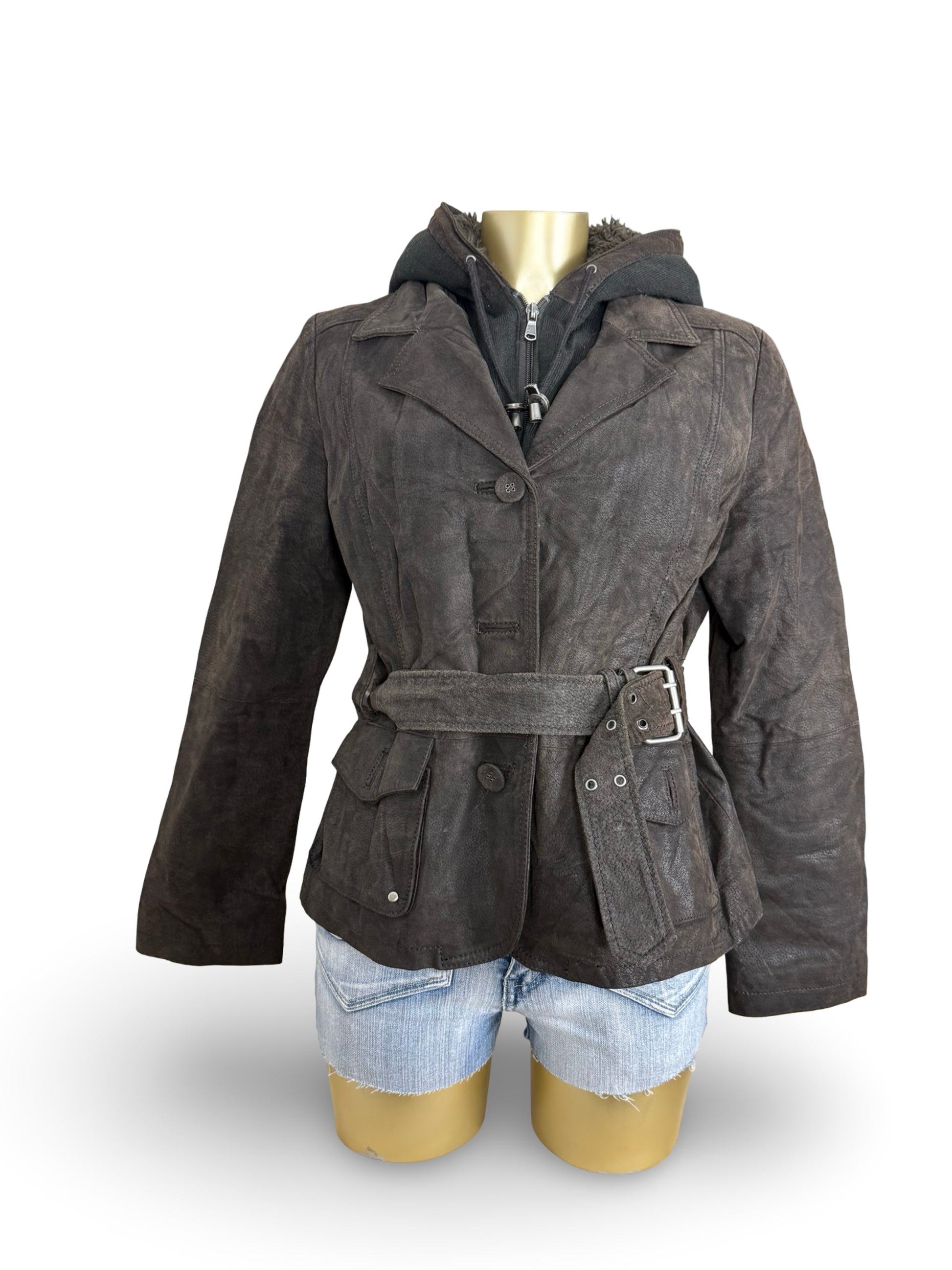 Brown real suede leather hooded biker jacket (S)