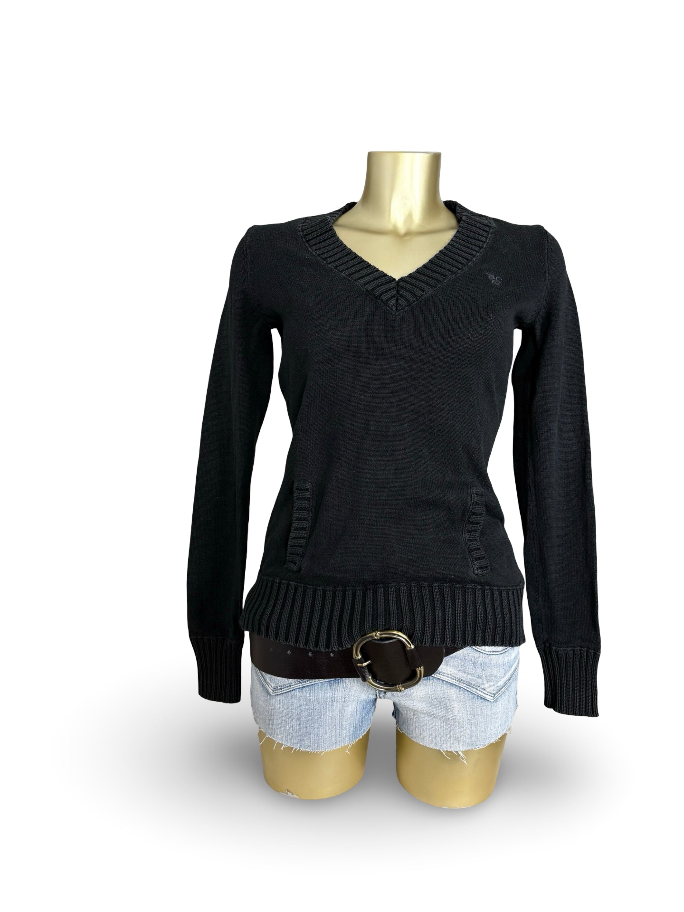 Black cotton V neck tight fit jumper (S)