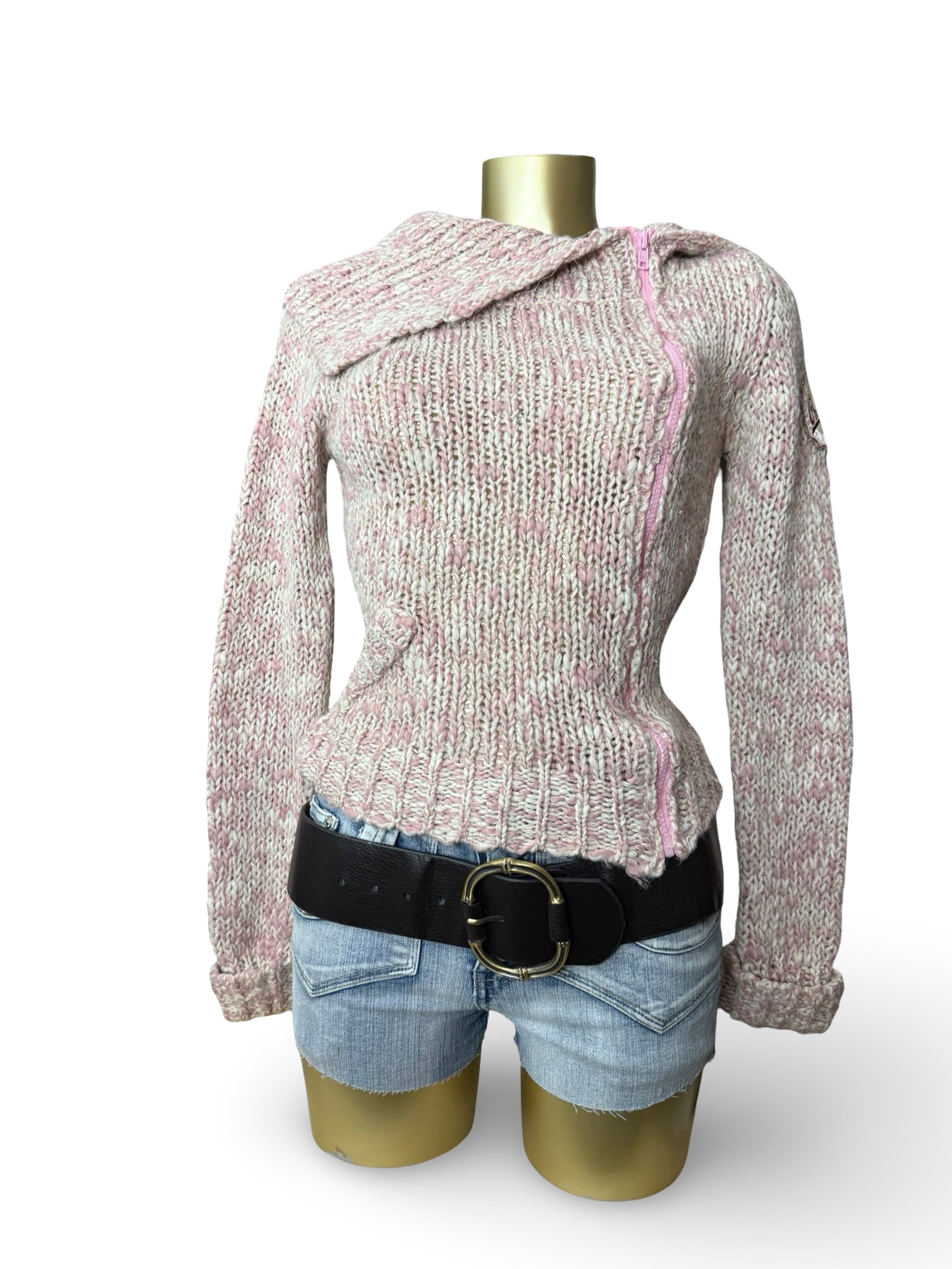 Pink zip up wool high neck jumper (S)