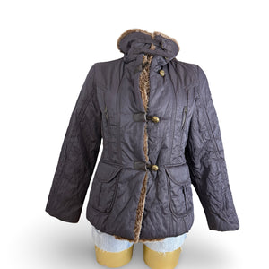 Purple faux fur neck trench puffer jacket (L)