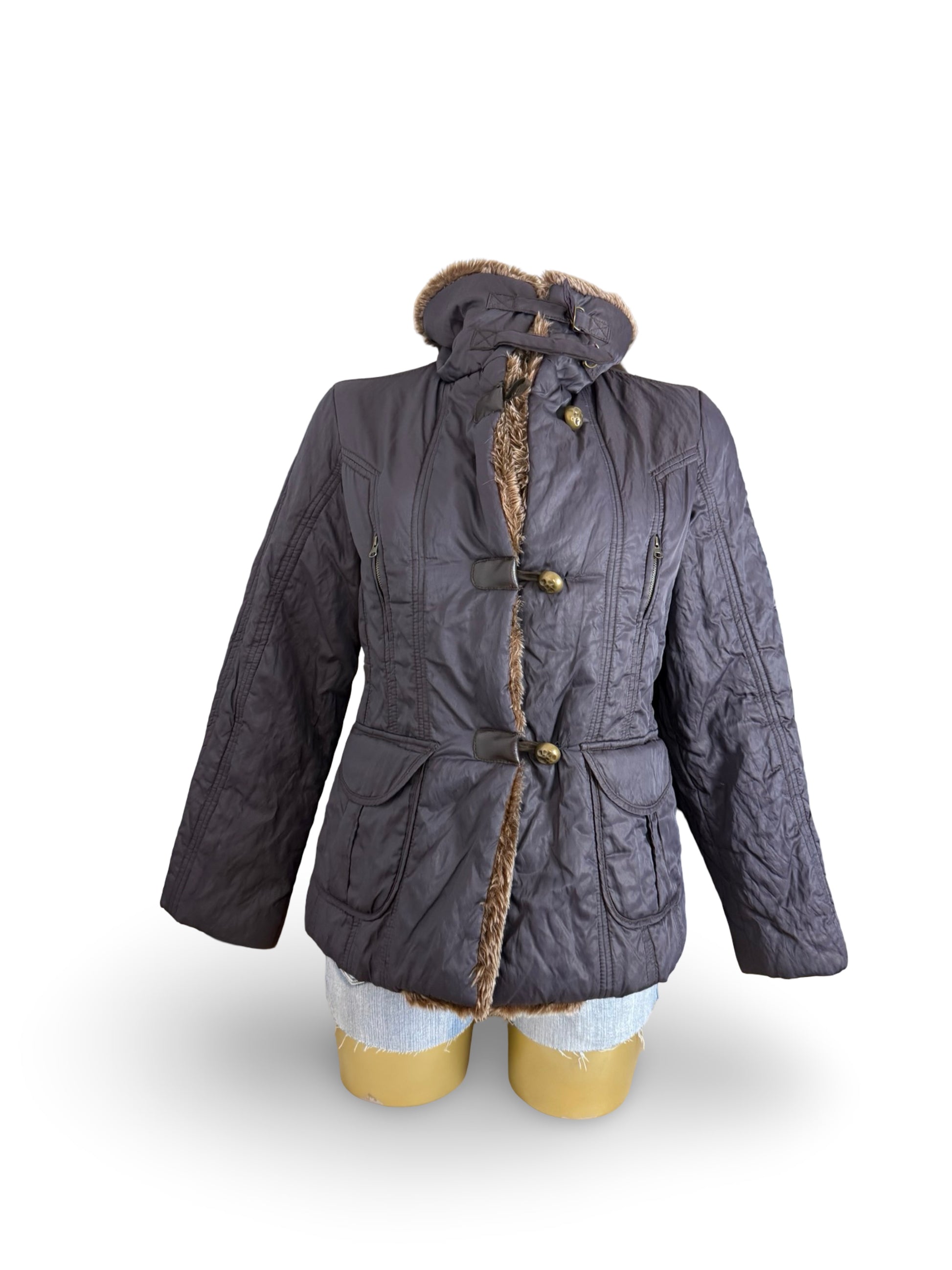 Purple faux fur neck trench puffer jacket (L)