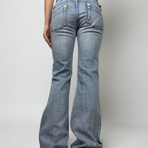 Blue denim low rise flared pants (M)
