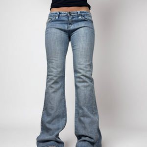 Blue denim low rise flared pants (M)