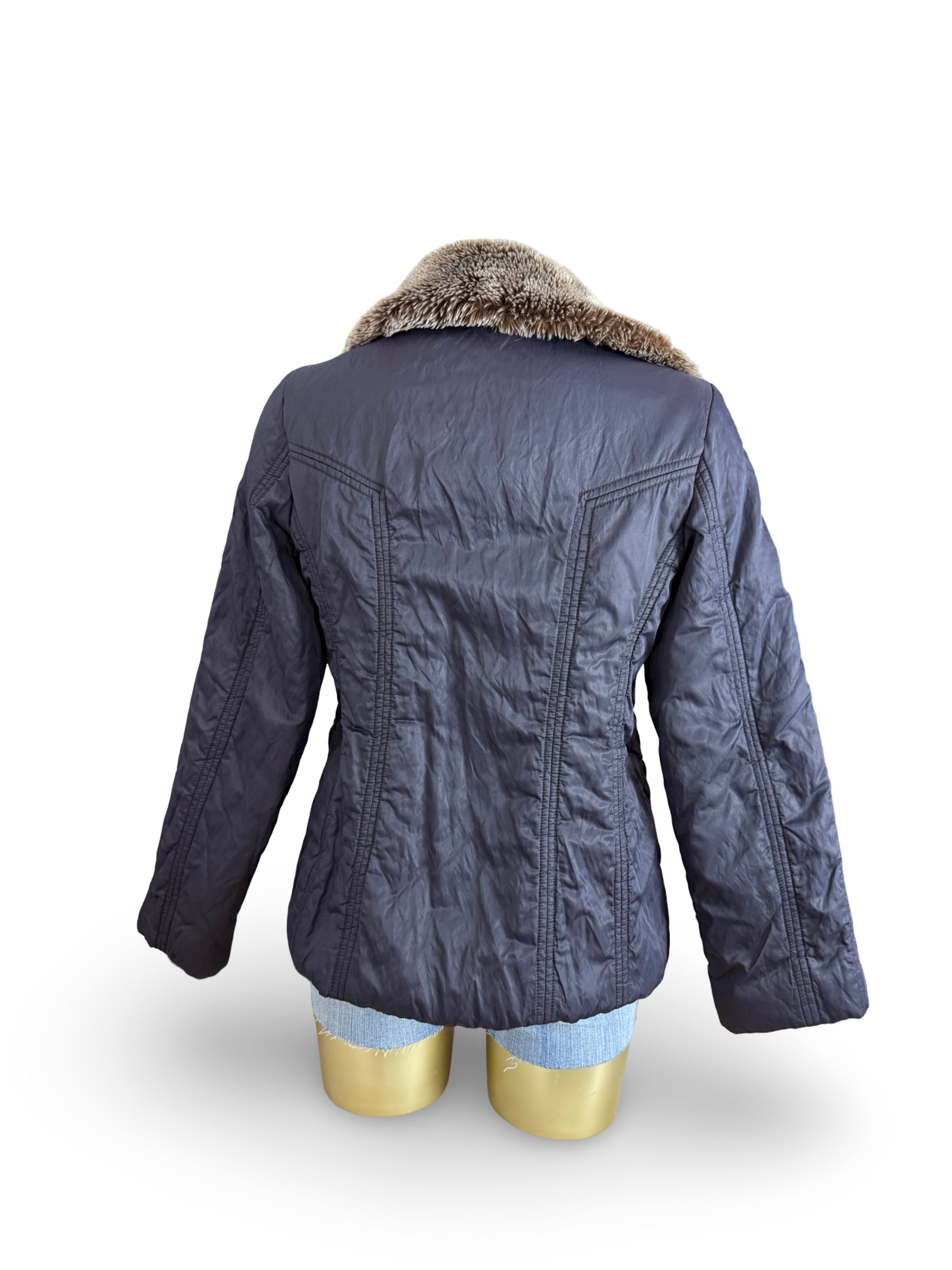 Purple faux fur neck trench puffer jacket (L)