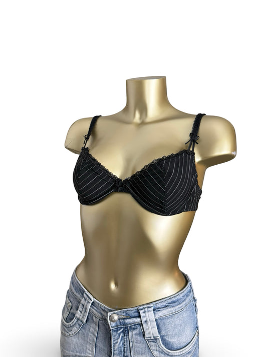 Black lace up striped balcony vintage bra (90C)