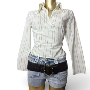 White striped wrap tie up cardigan long sleeves shirt (S to XL)