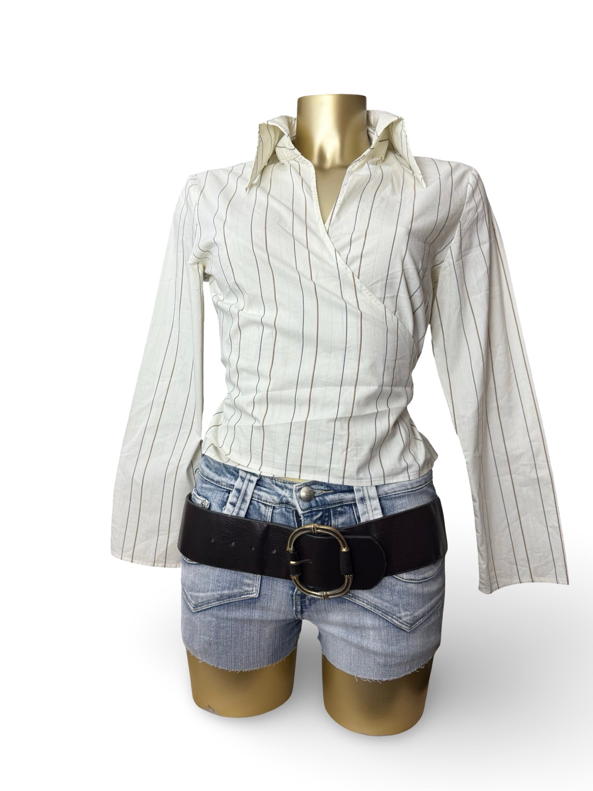 White striped wrap tie up cardigan long sleeves shirt (S to XL)