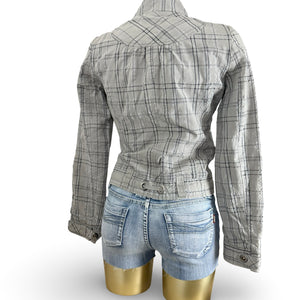 Brown check print tight fit biker jacket (S)