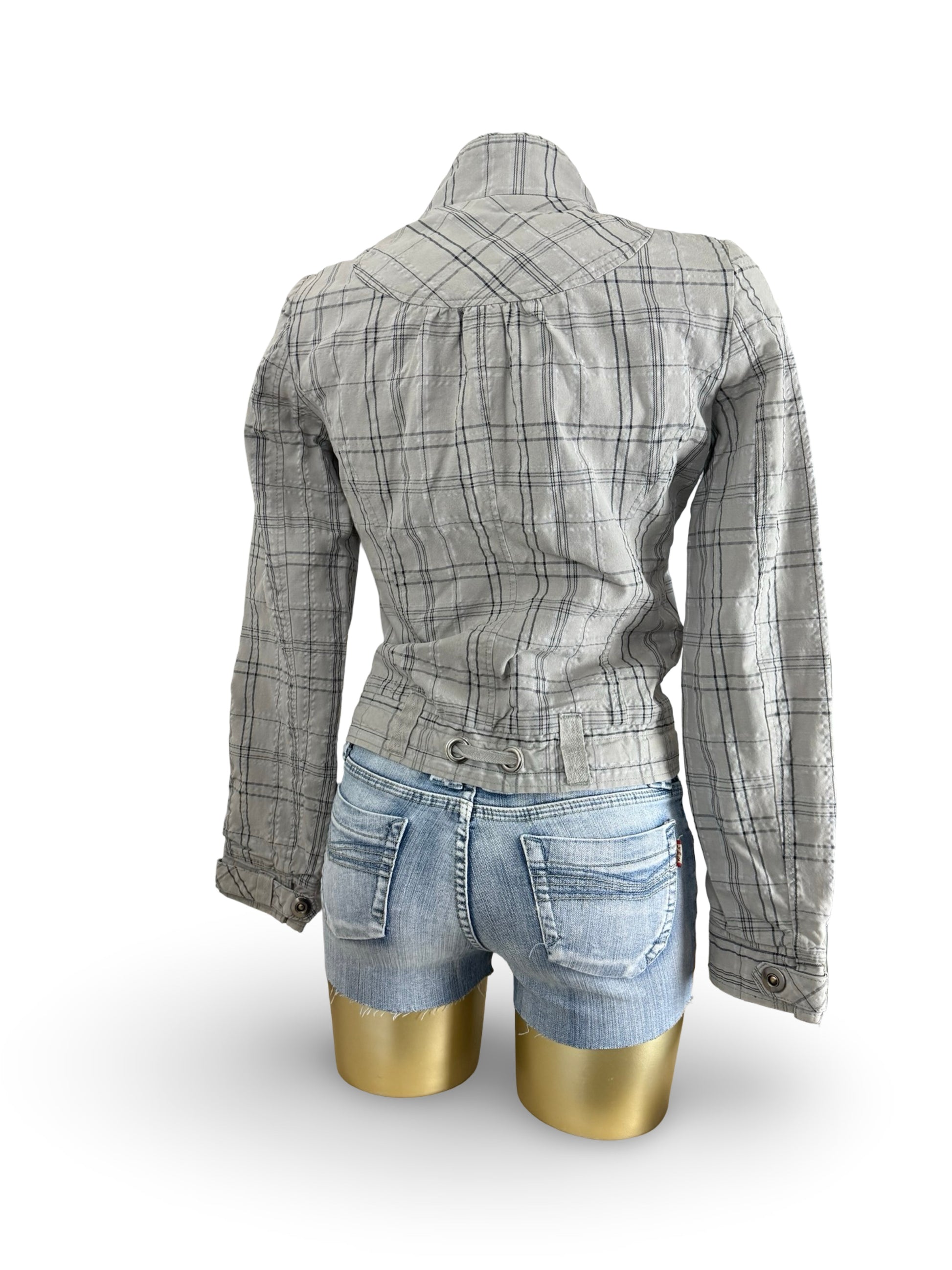 Brown check print tight fit biker jacket (S)