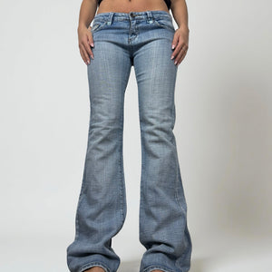 Blue denim low rise flared pants (M)