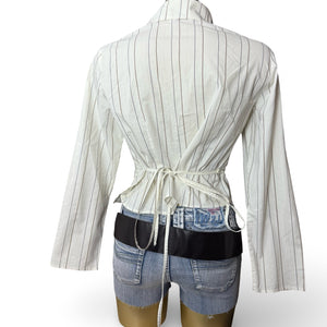 White striped wrap tie up cardigan long sleeves shirt (S to XL)