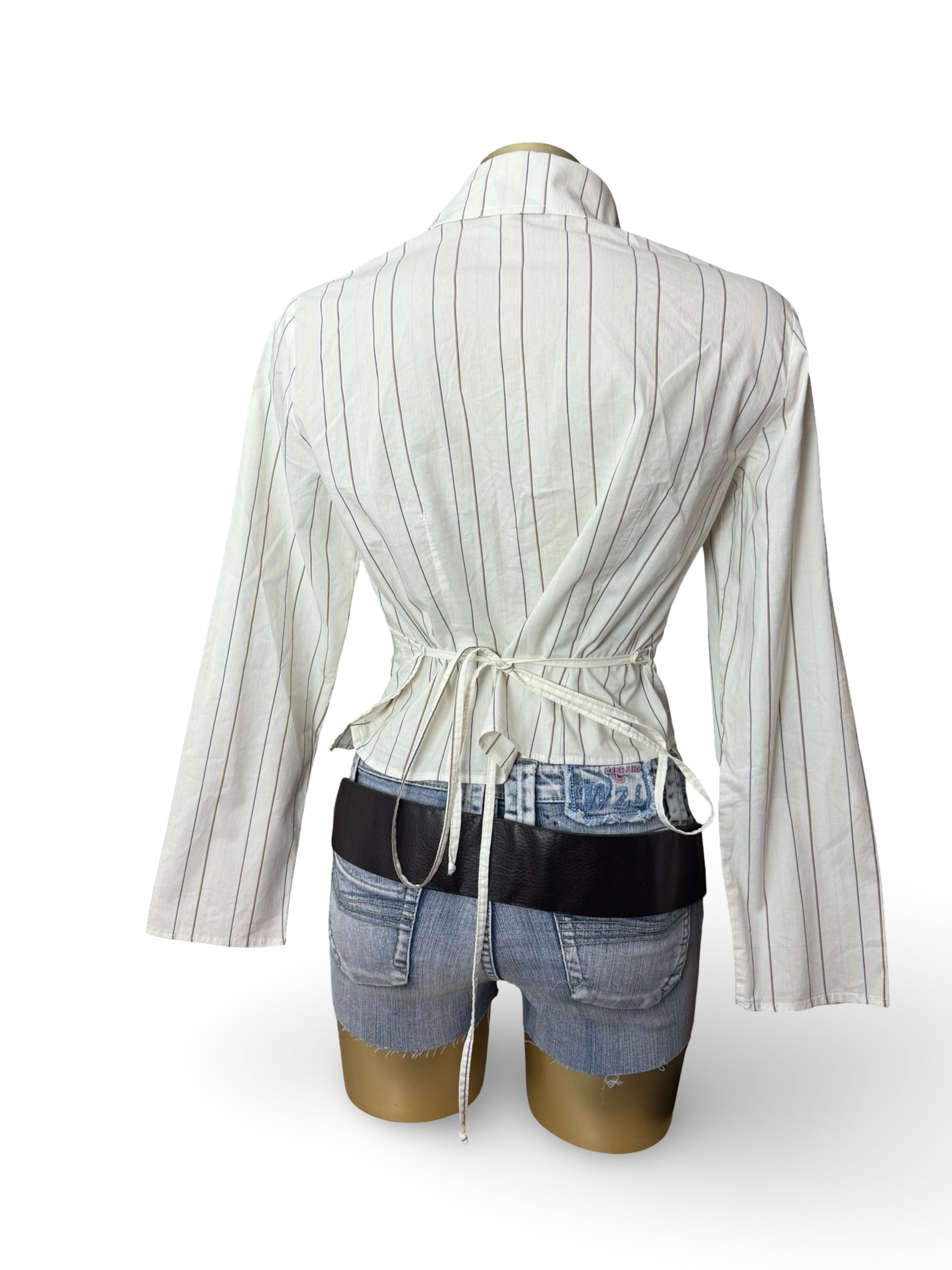 White striped wrap tie up cardigan long sleeves shirt (S to XL)