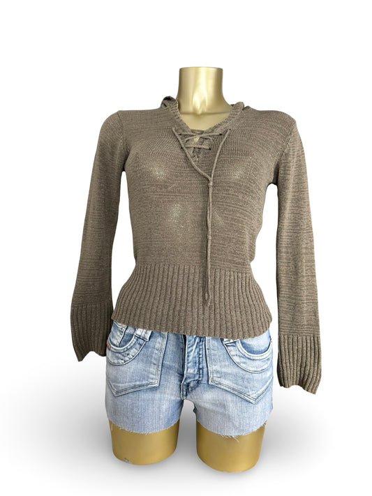 Khaki lace up hooded jumper (S/M)