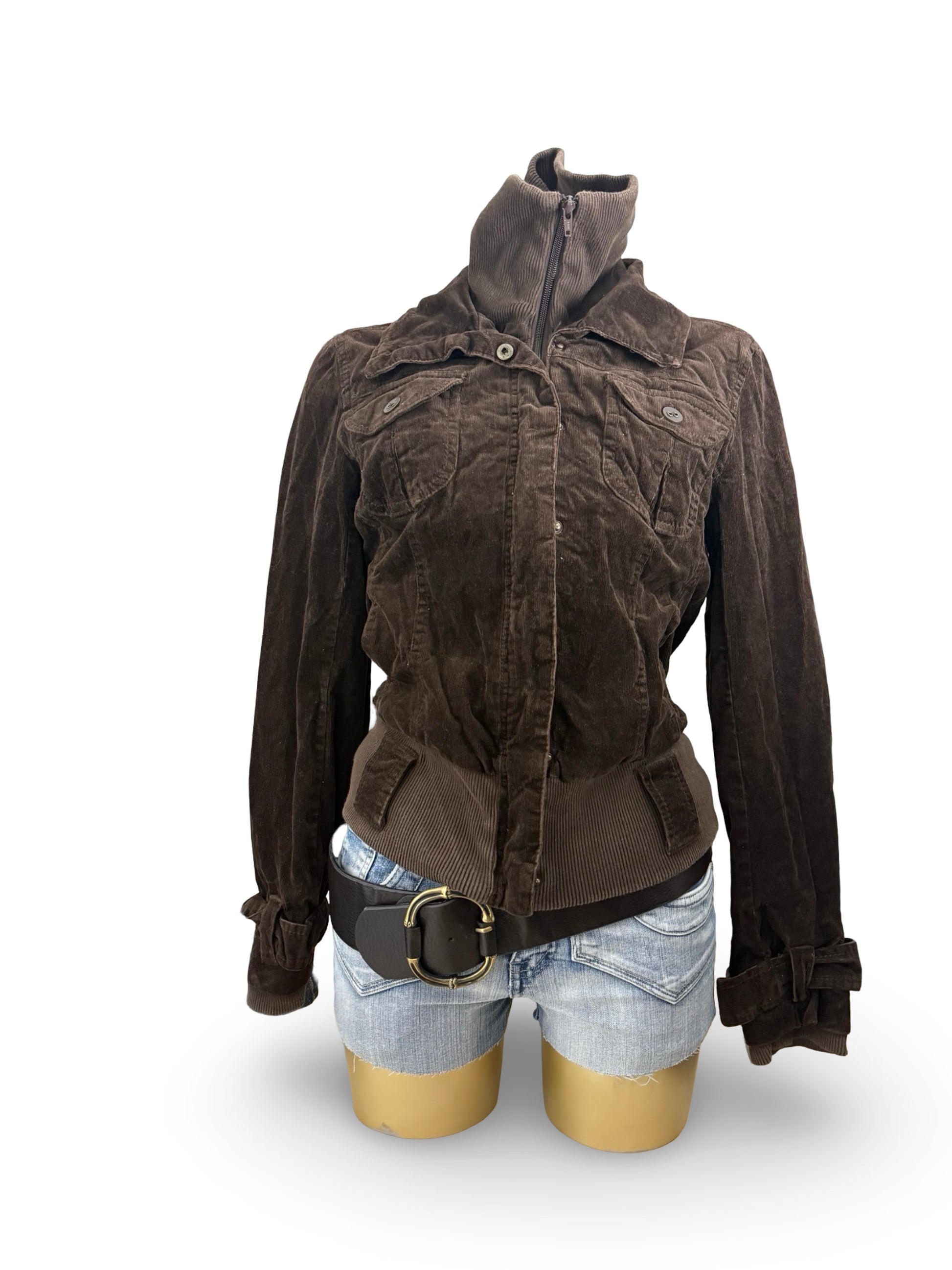 Brown velvet ribbed denim biker jacket (L/XL)