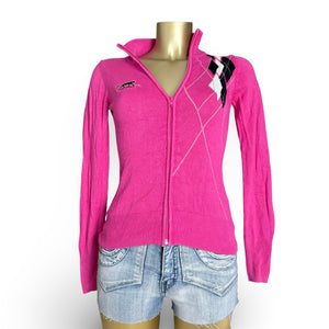 Pink logo tight fit zip up cardigan jumper (XS)