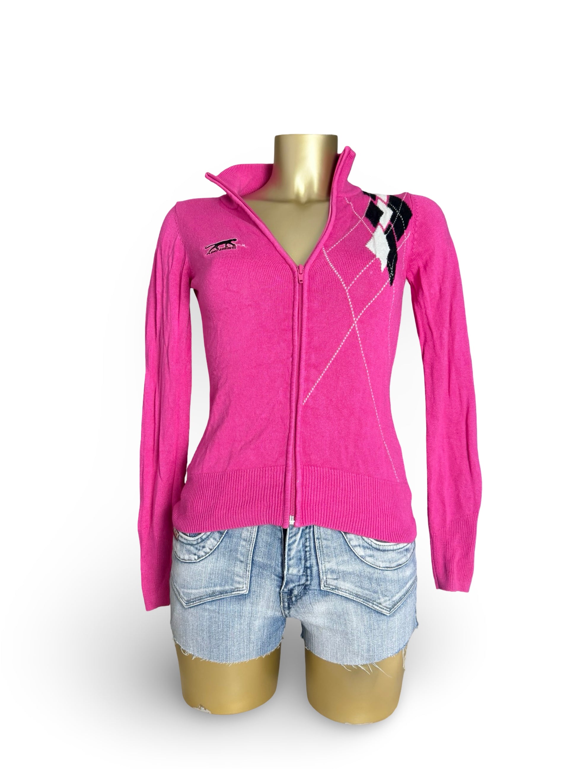 Pink logo tight fit zip up cardigan jumper (XS)