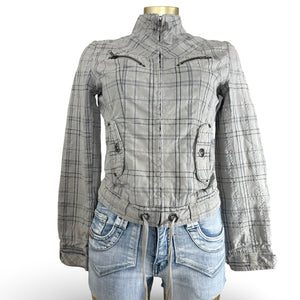 Brown check print tight fit biker jacket (S)