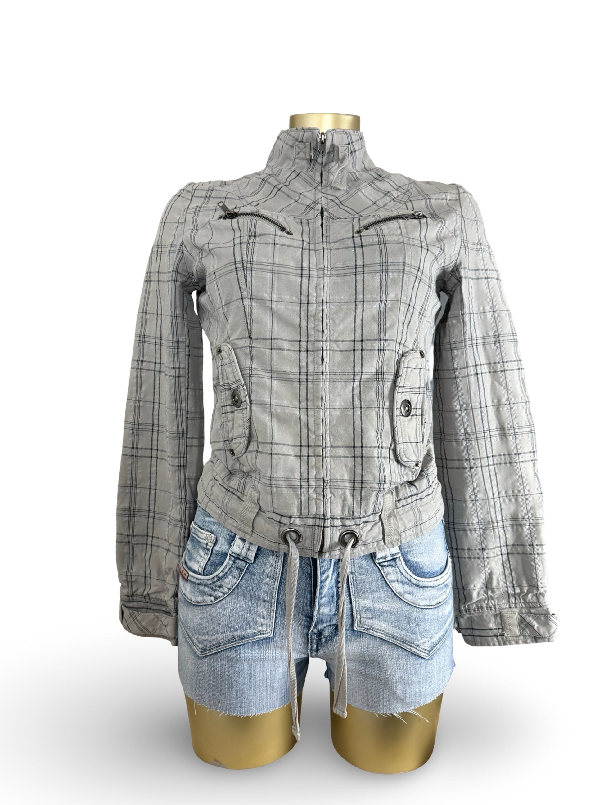 Brown check print tight fit biker jacket (S)